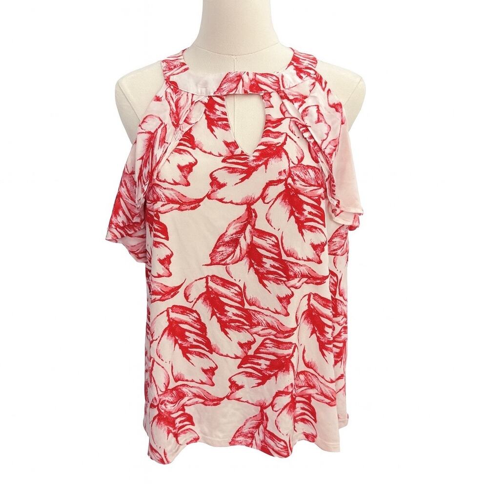 Fever Red & White Floral Flutter Sleeve Keyhole Halter Blouse